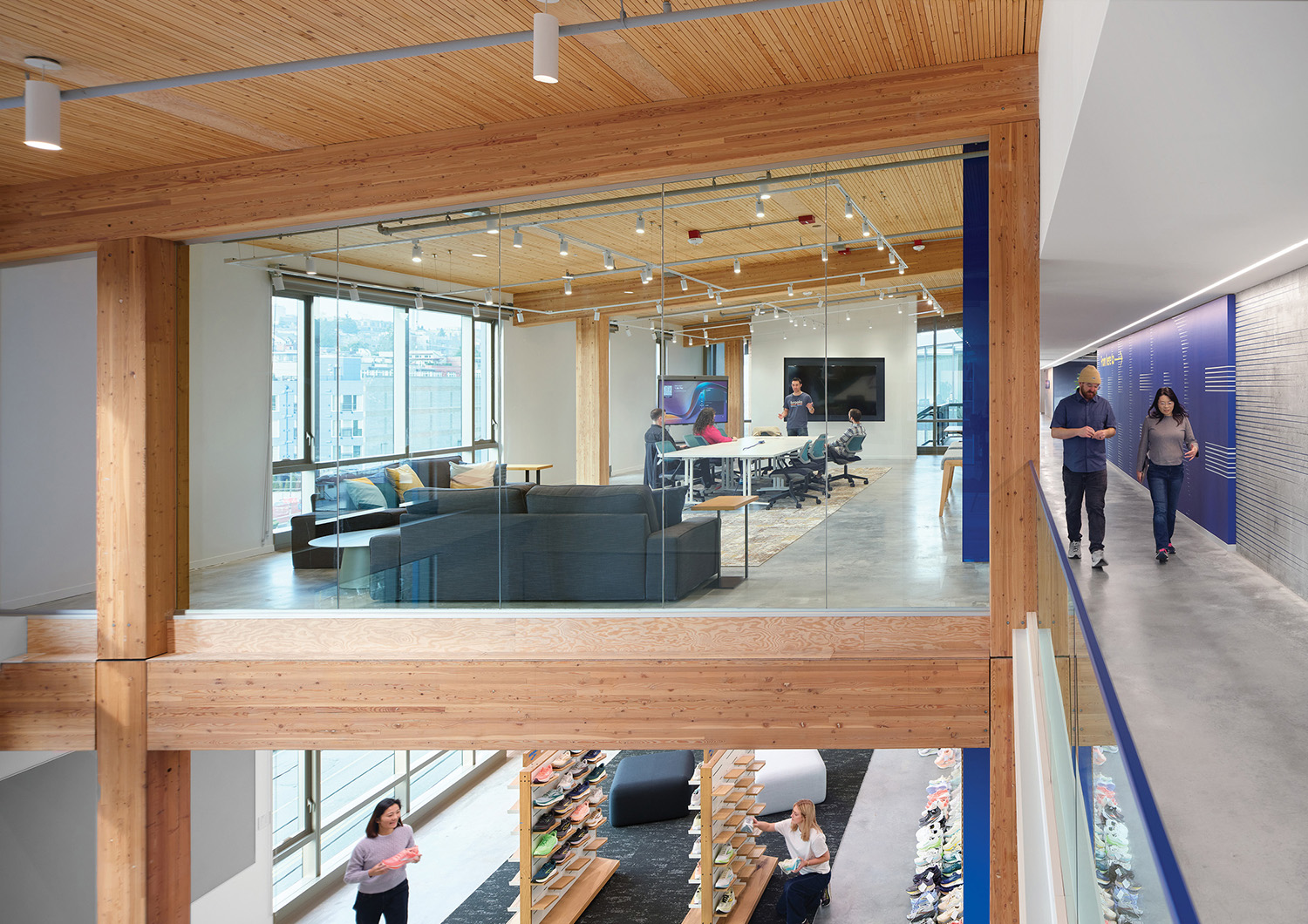 A large open space with a long wooden ceiling