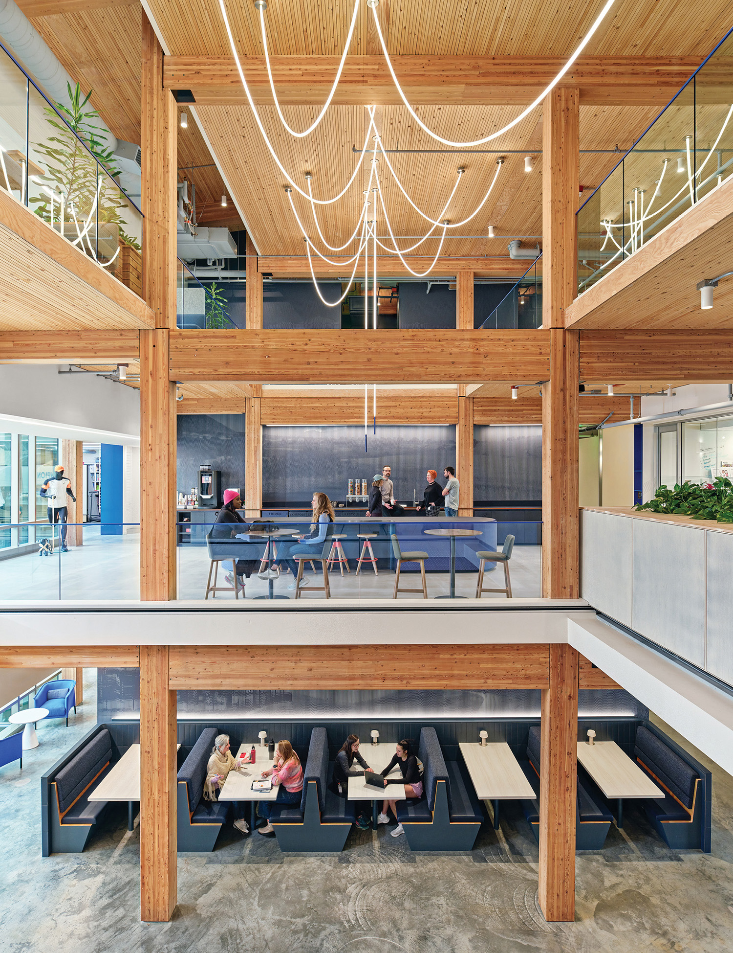 A large open space with a long table and benches