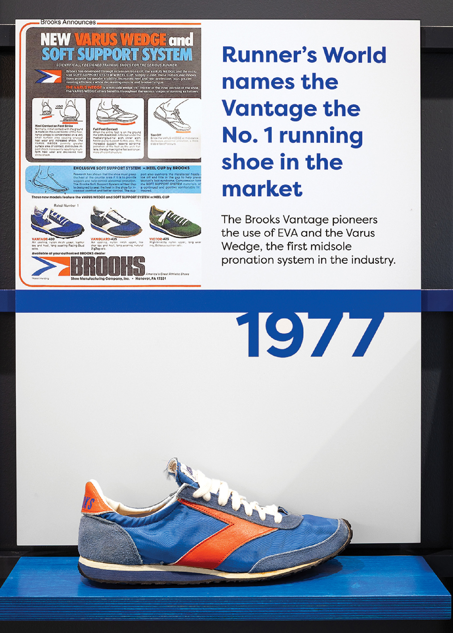 A display of shoes on a blue shelf