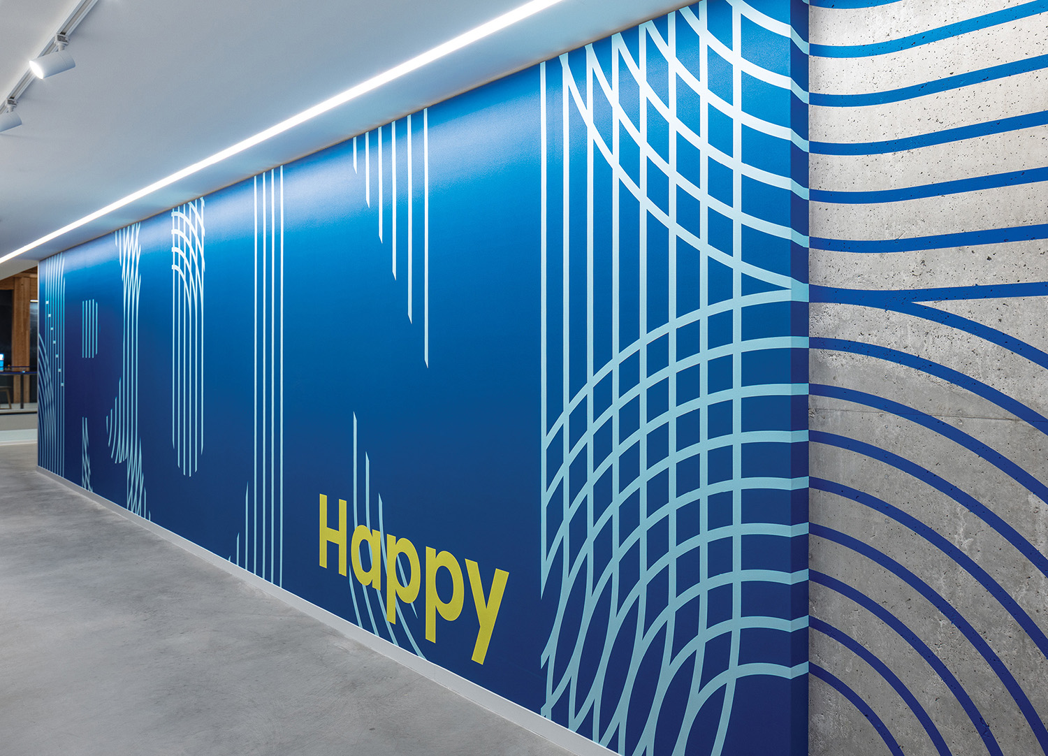A wall with a blue and white design