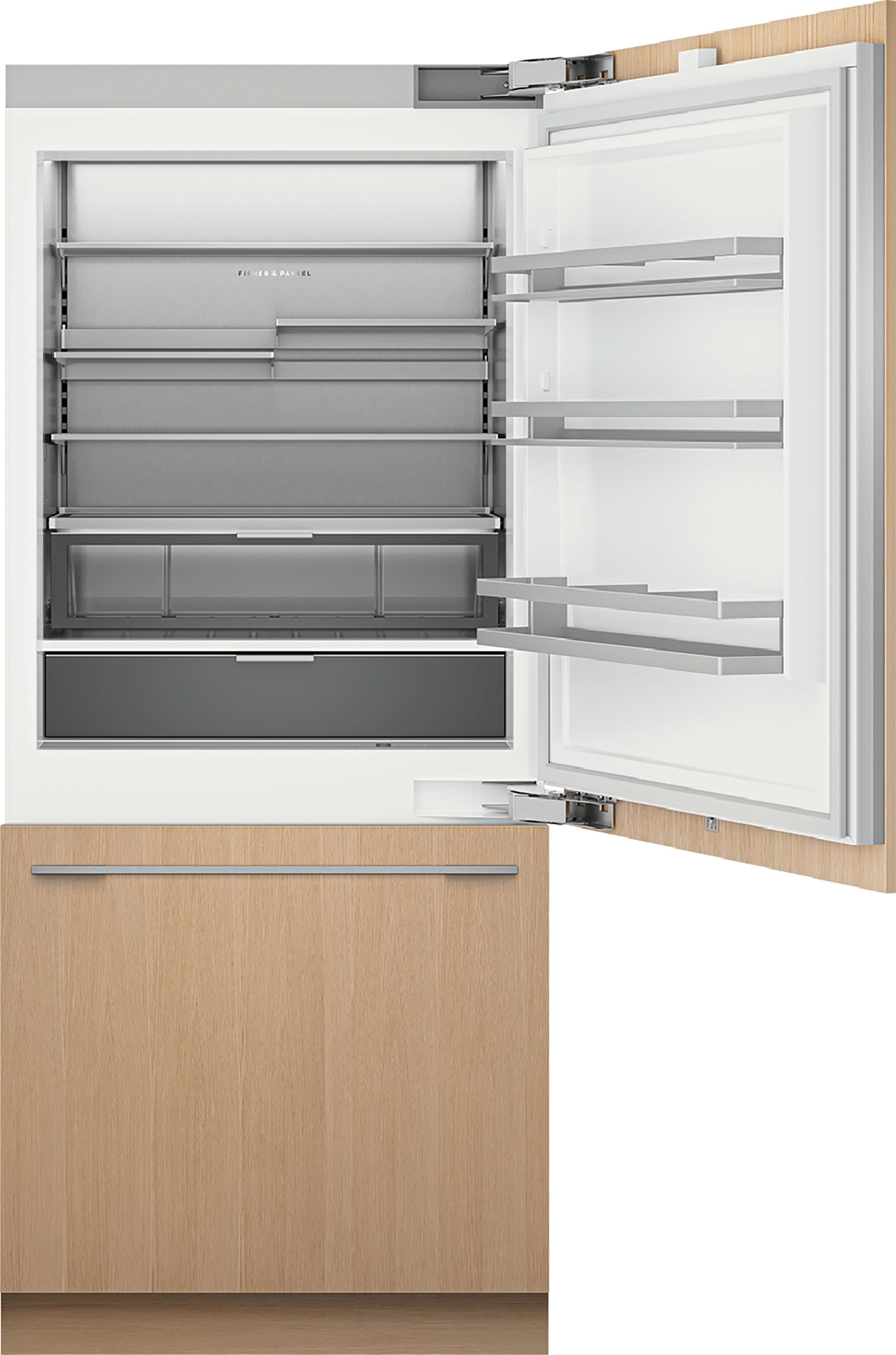 A white refrigerator with a wooden door and a white refrigerator