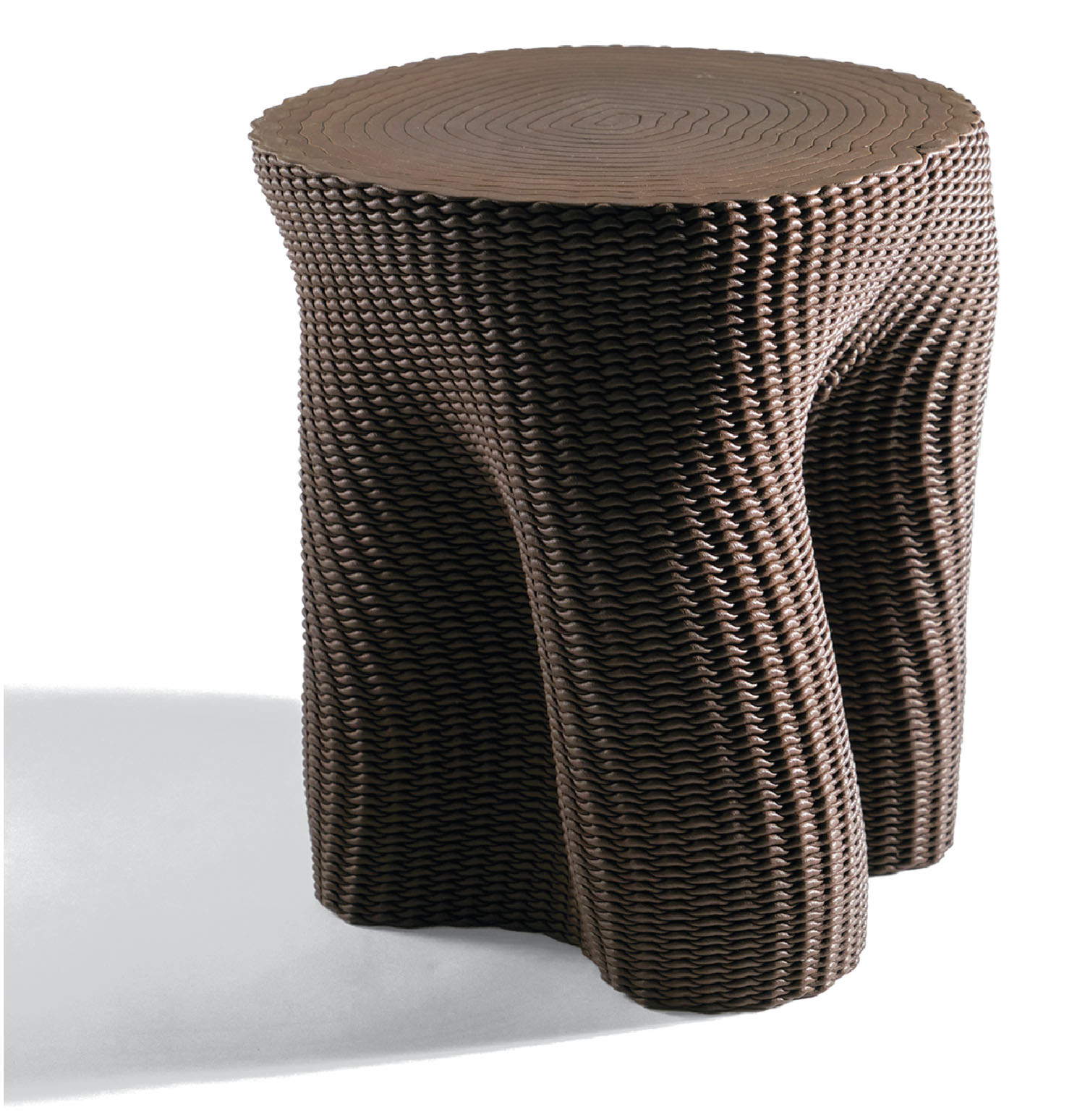 A brown wicker stool with a wooden top.