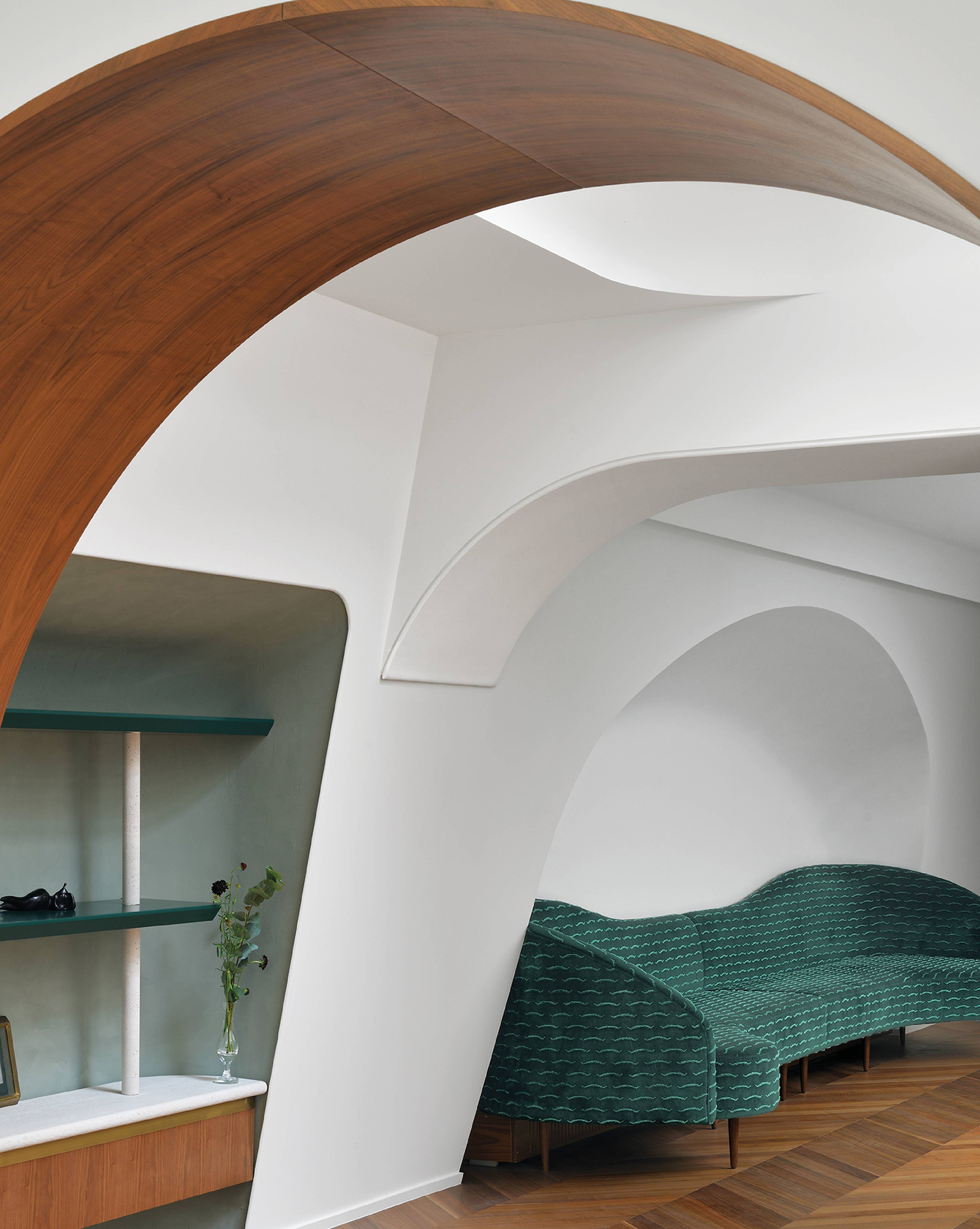 A curved wooden wall