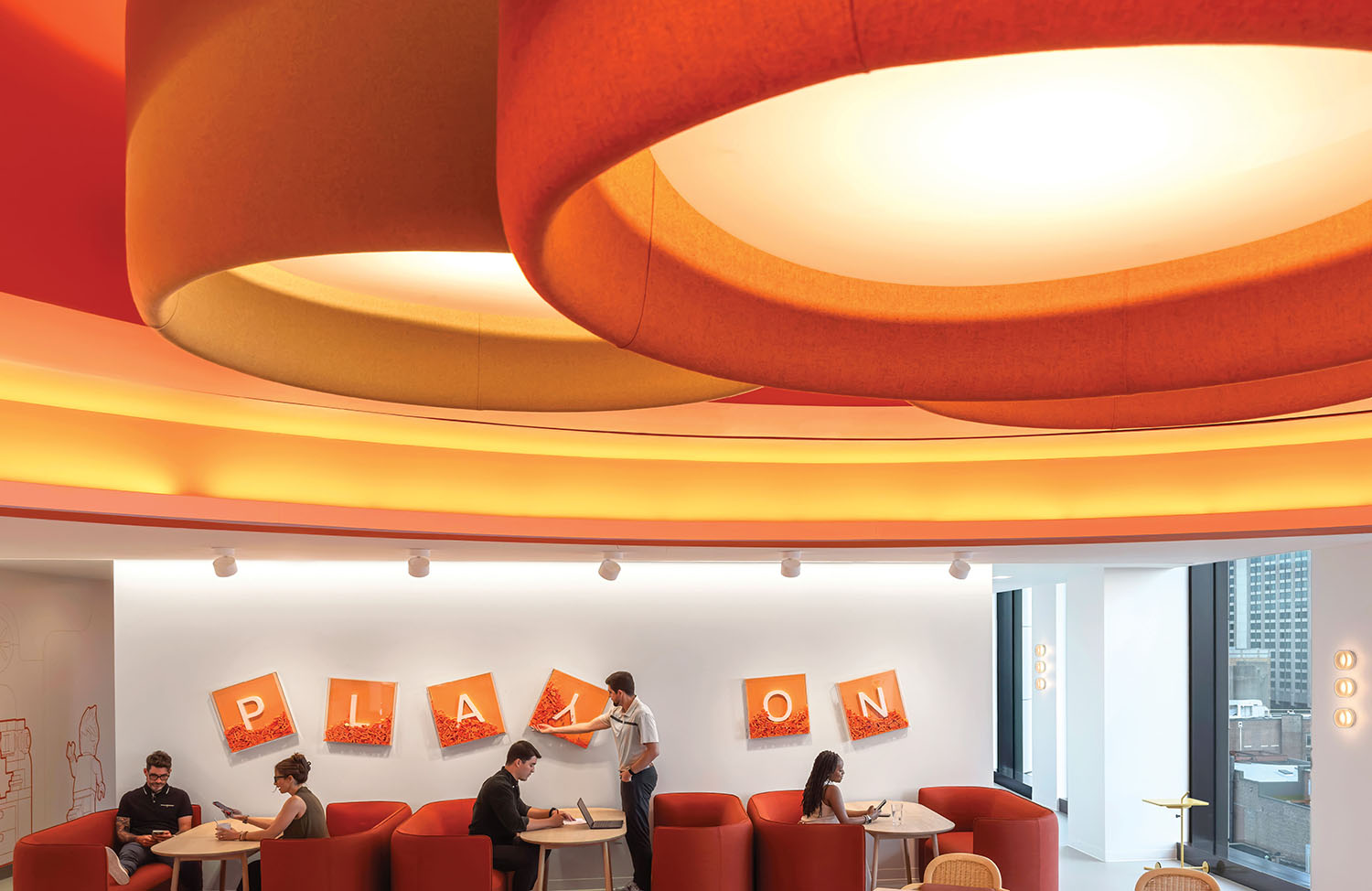 A round orange ceiling.