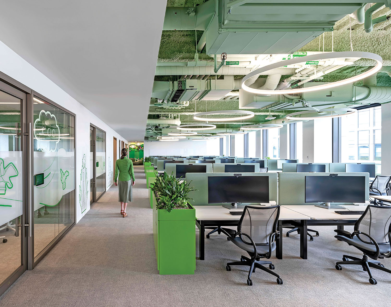A large open space with a green ceiling.