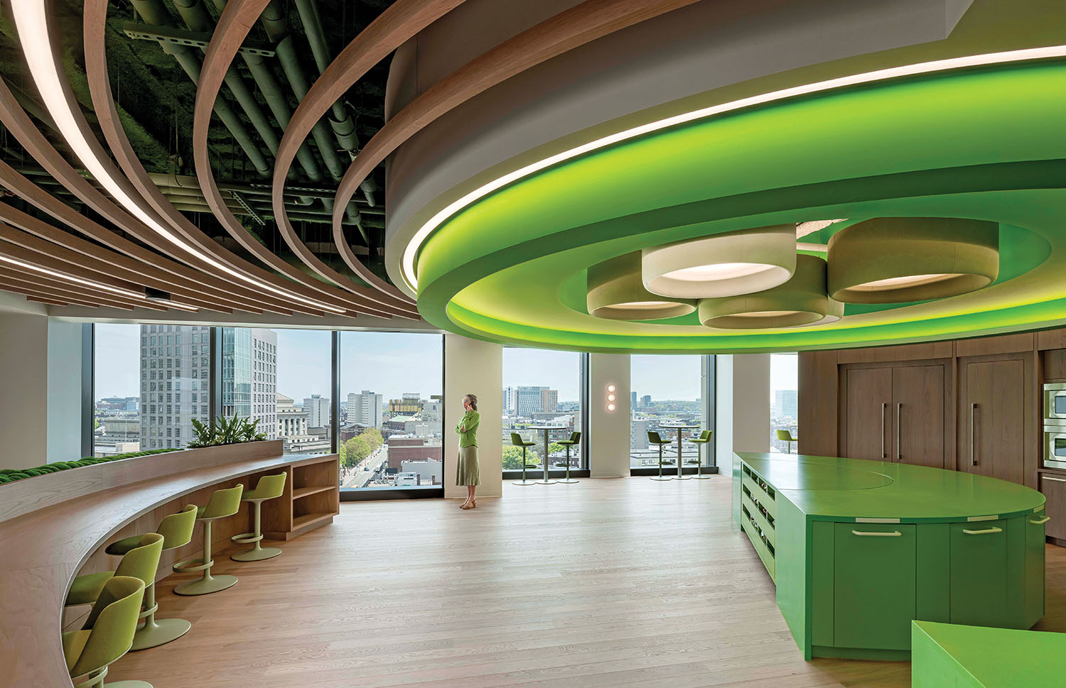 A green and white office.