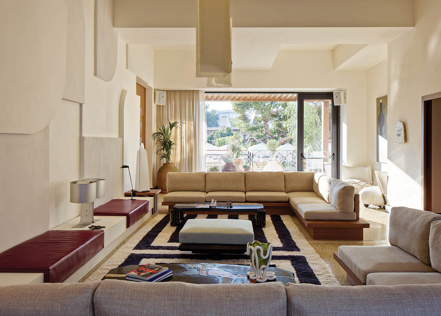 A living room with a couch and a coffee table.