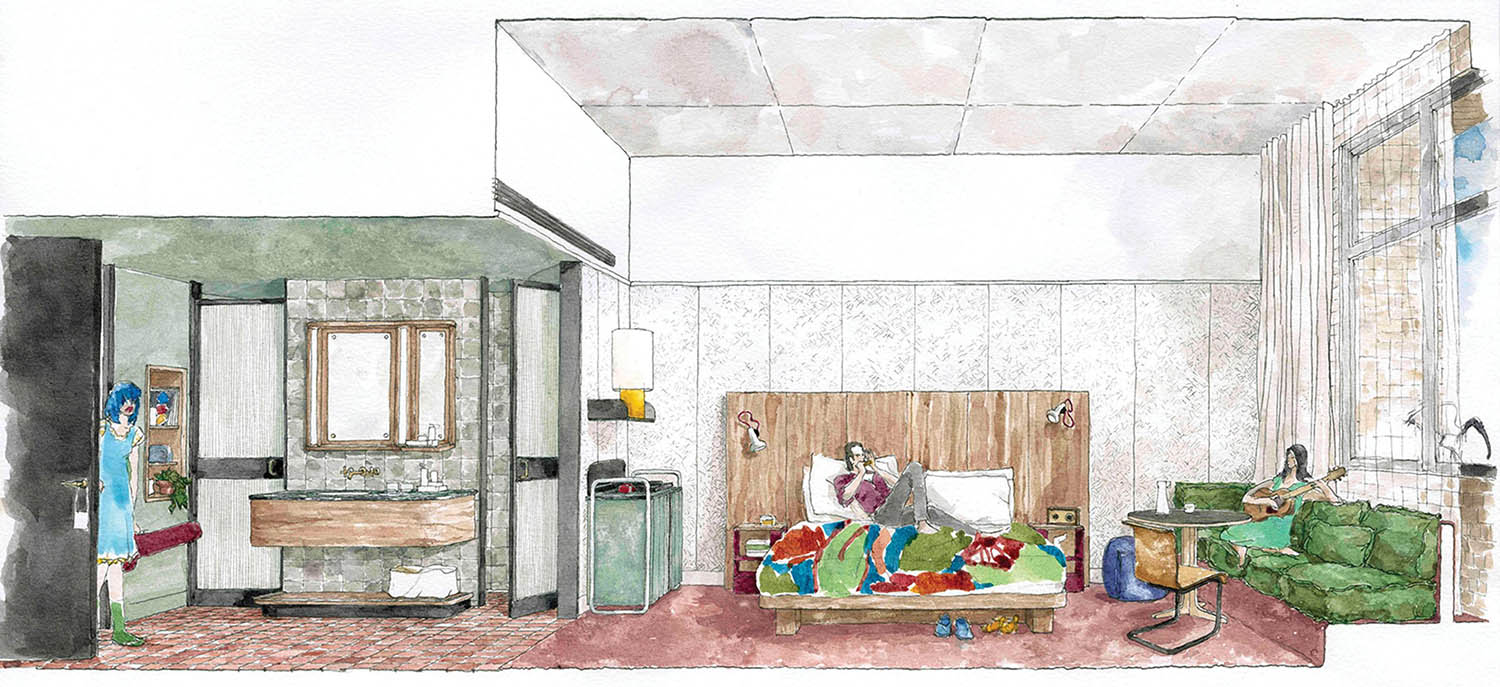A drawing of a room with a bed and a couch.