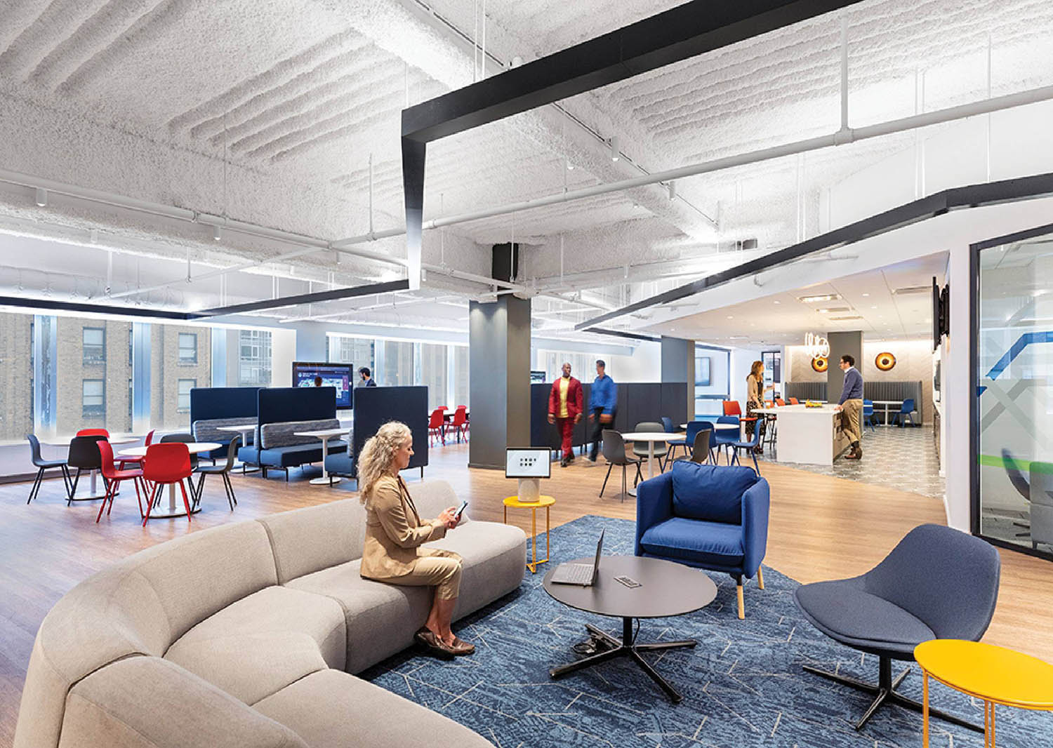 A large open space with a couch and a table.