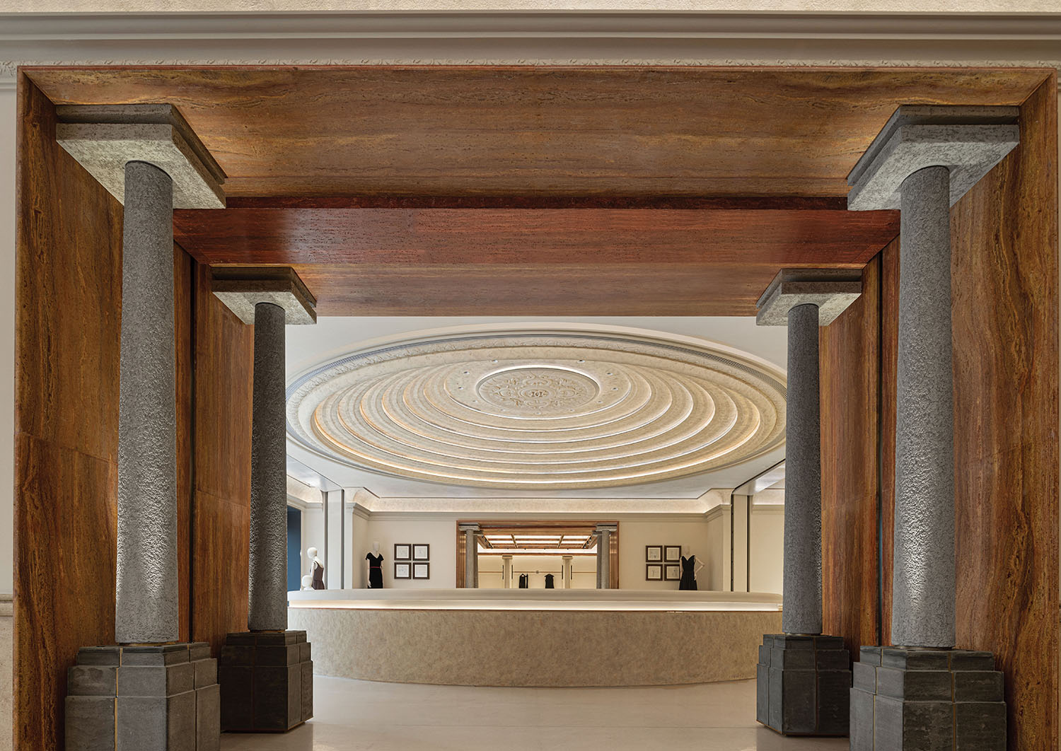 A large lobby with a circular ceiling.