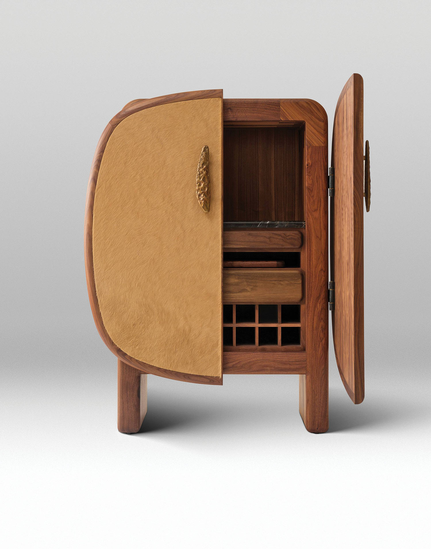 A wooden cabinet with a wine rack inside.