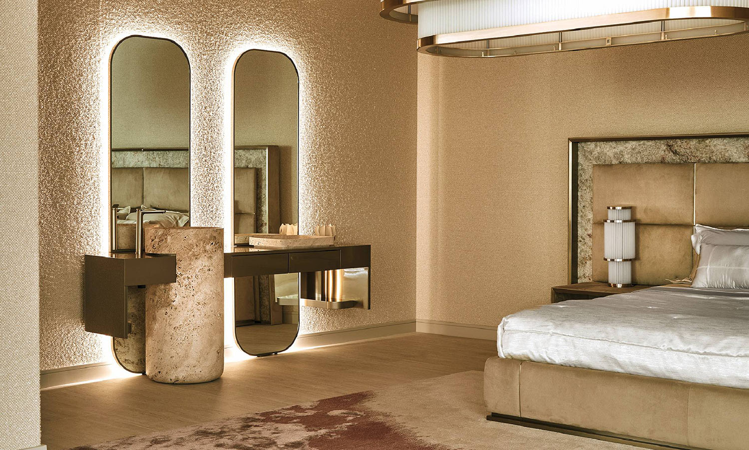 A spiral staircase with a marble floor and a marble table.