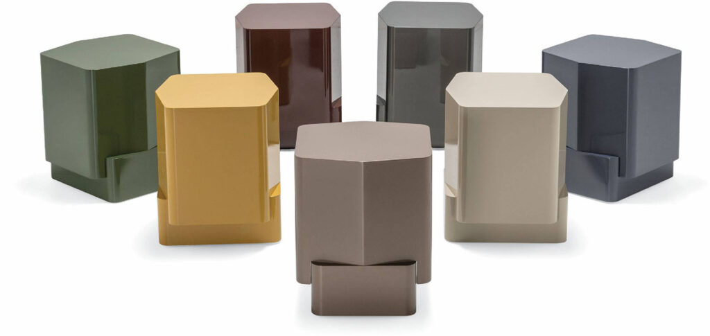 A group of four different colored boxes.