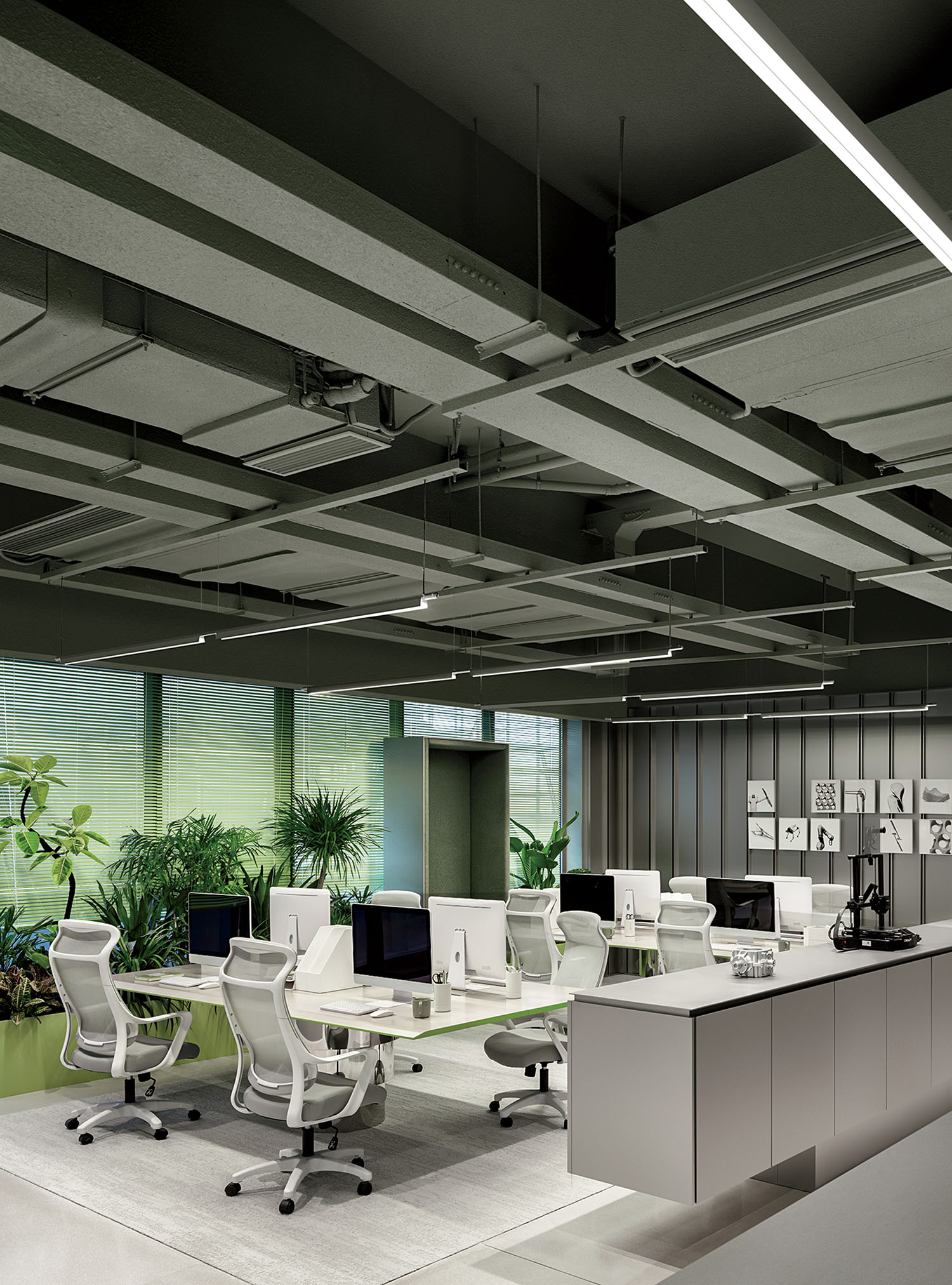 A large open space with a desk and chairs.