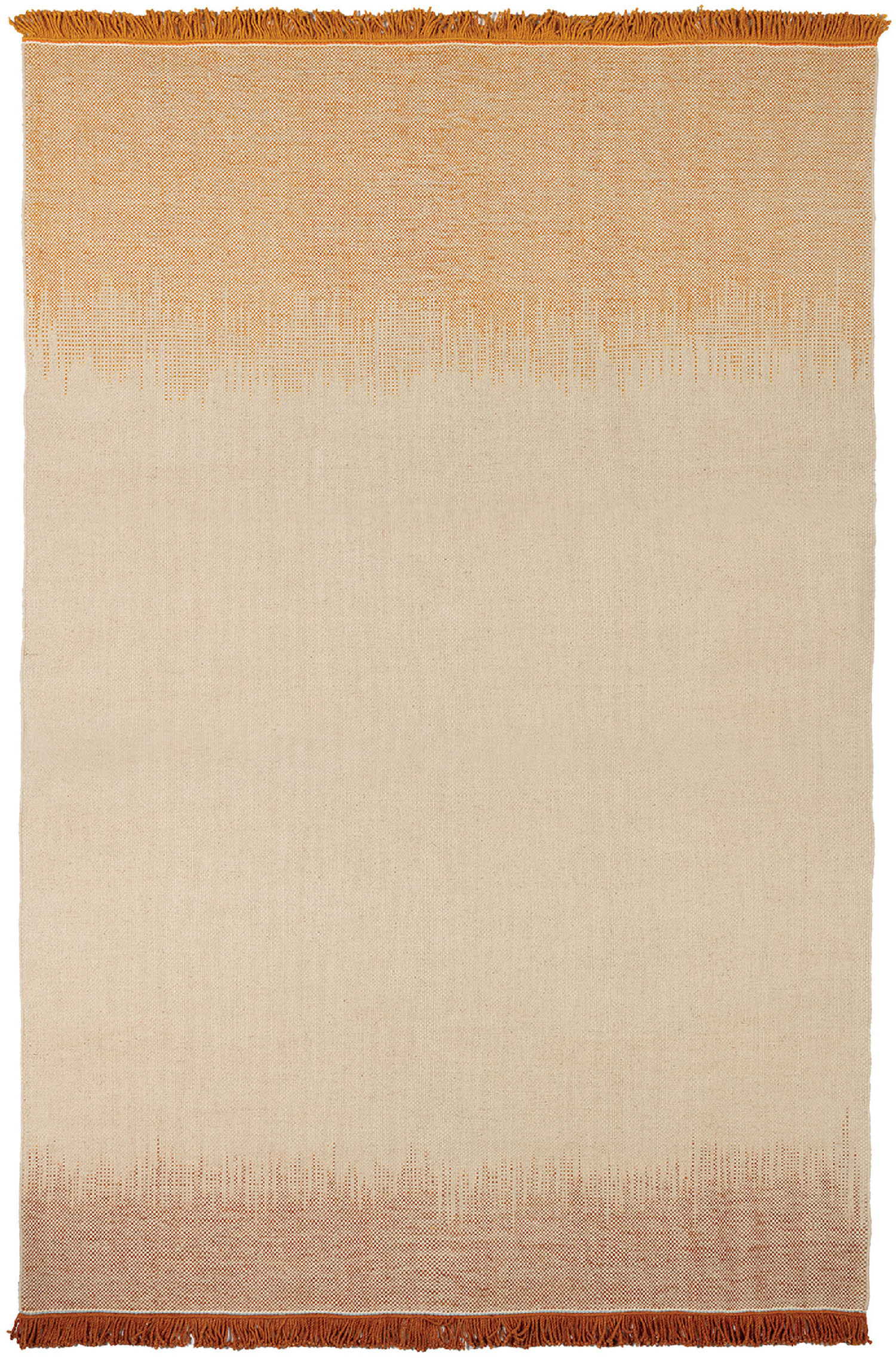 A beige and orange rug with fringes