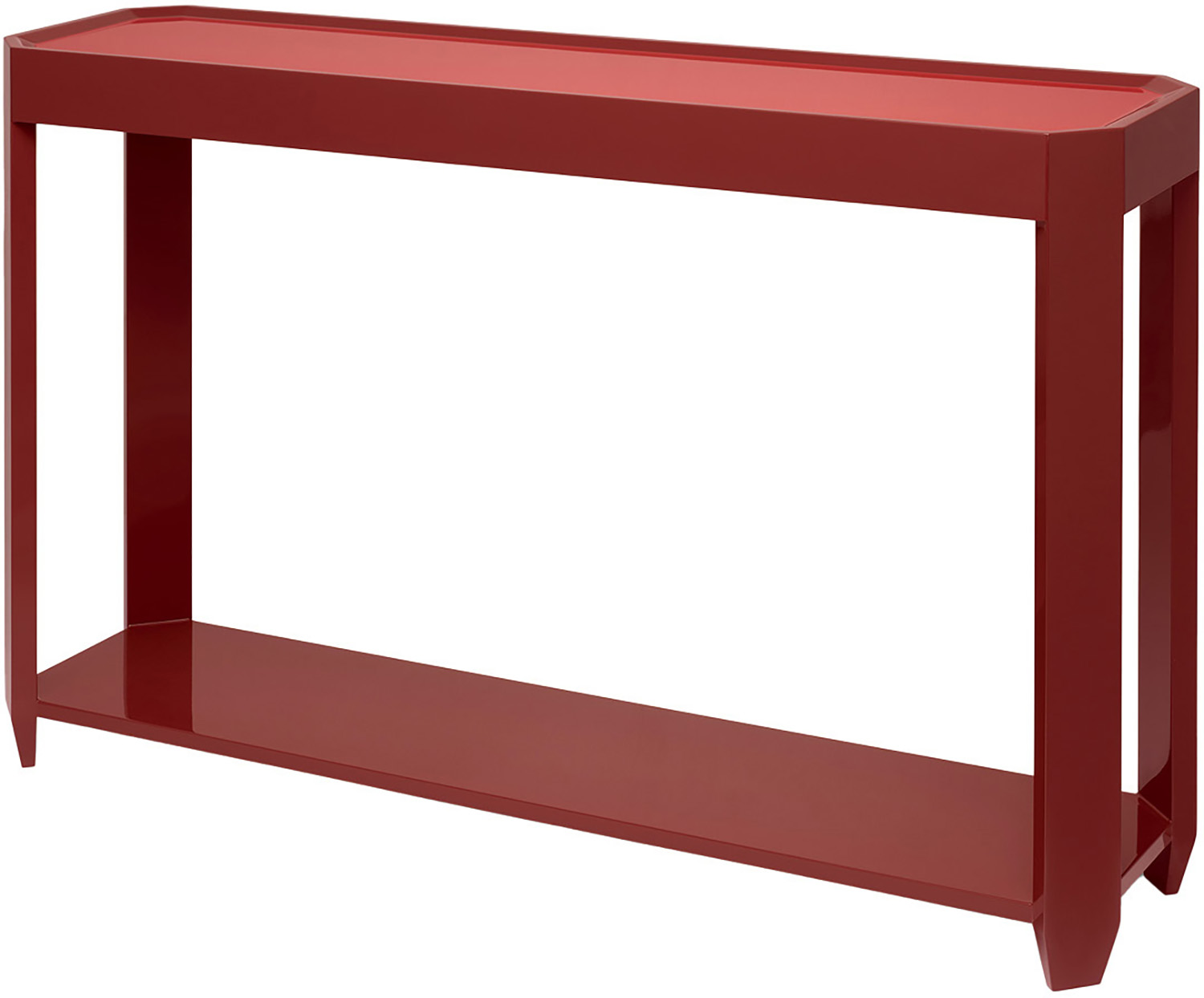 A red console table with a shelf underneath