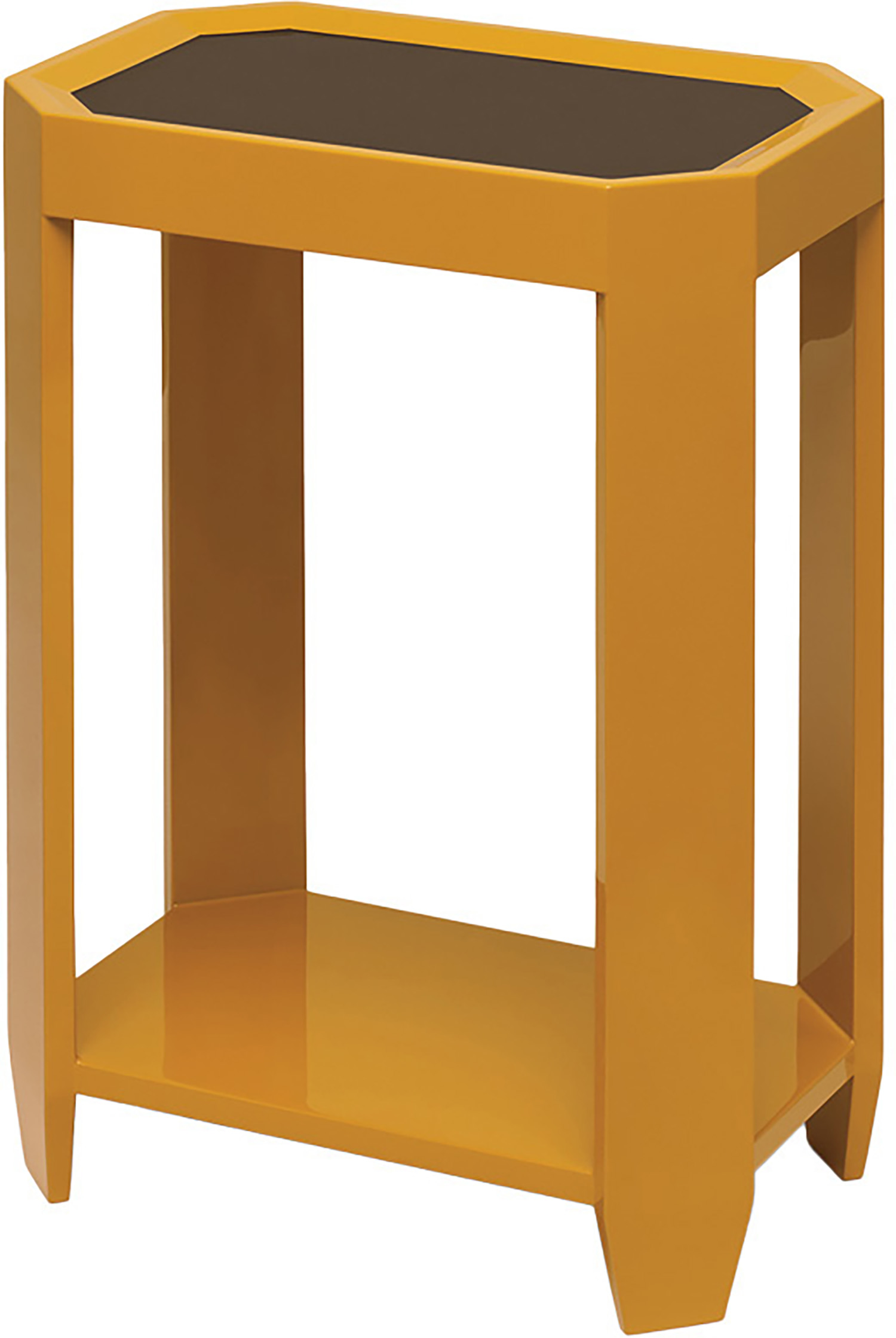 A yellow side table with a black top