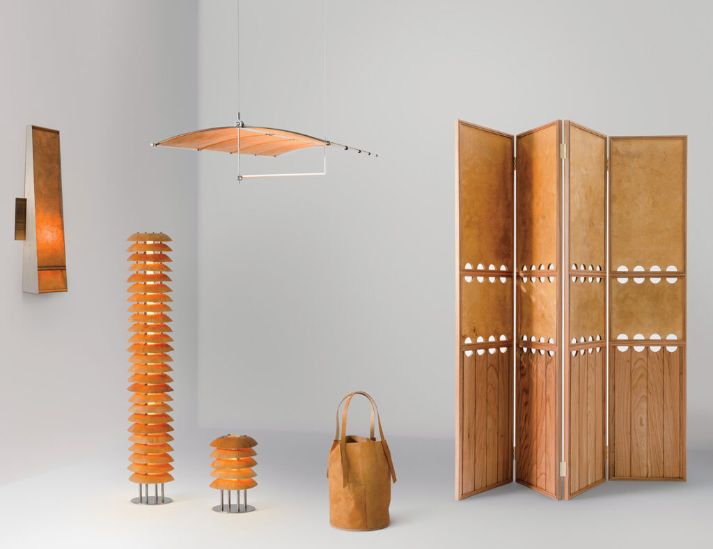 A room with a wooden floor lamp and a wooden cabinet