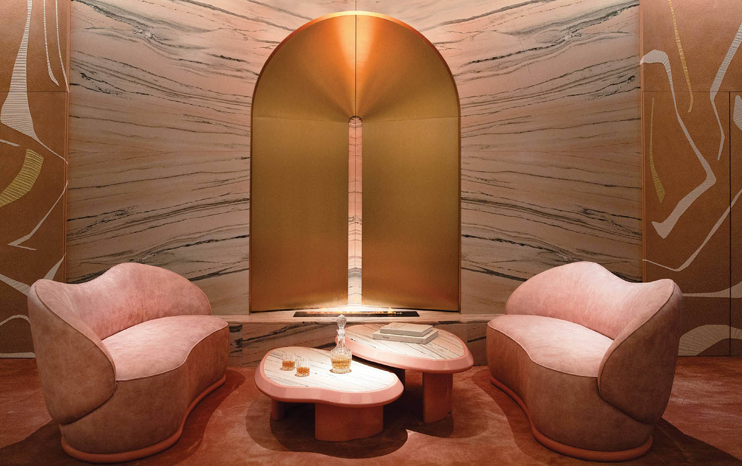 A room with a wall with a painting of a woman.