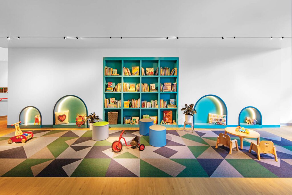 Nylon carpet tiles and LVT floor the childcare center.