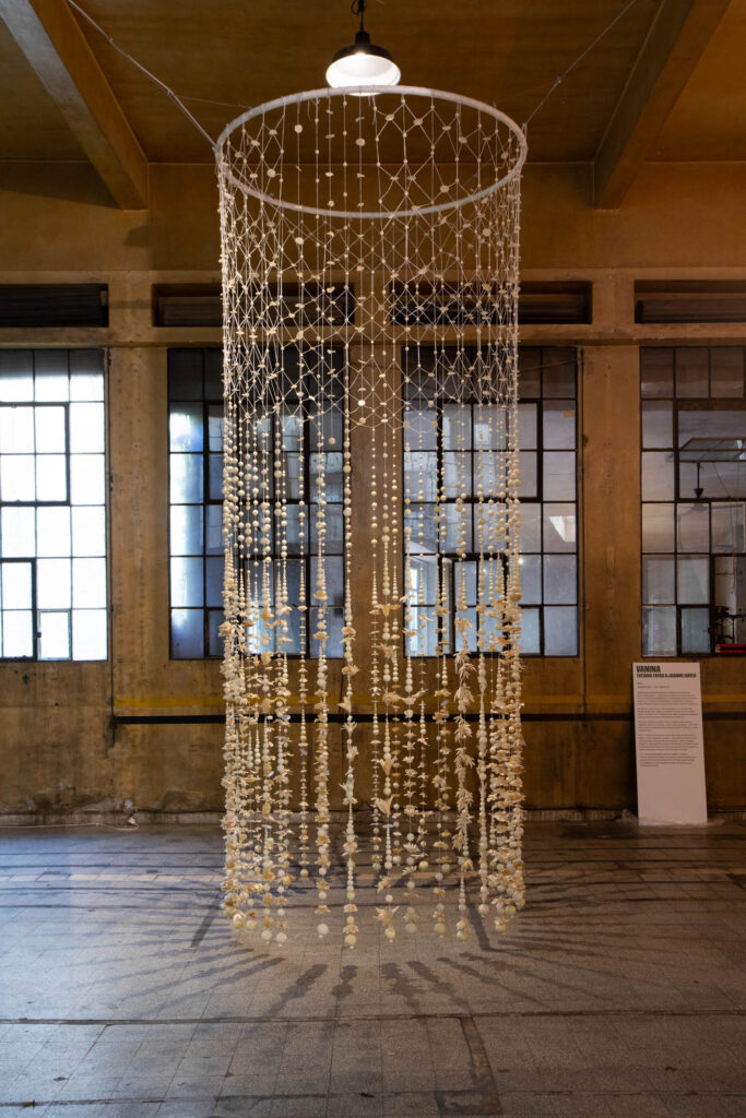 an installation of cascading seashells