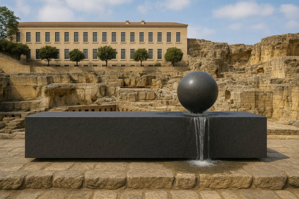 a stone fountain outdoors with a gray ball