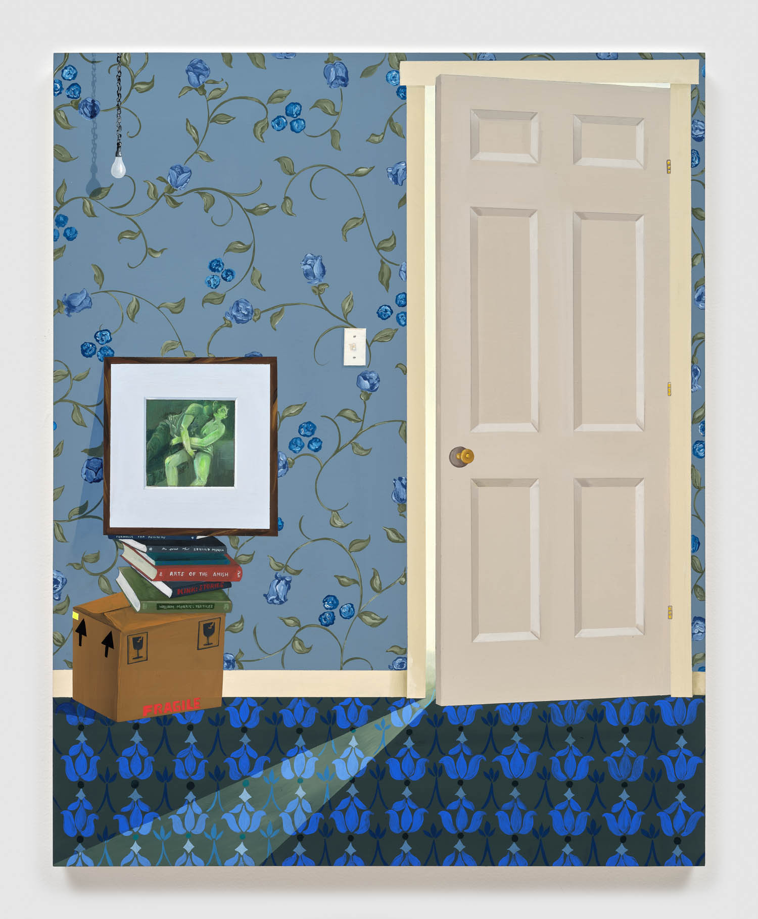 painting of a room with books and a sensual painting on top