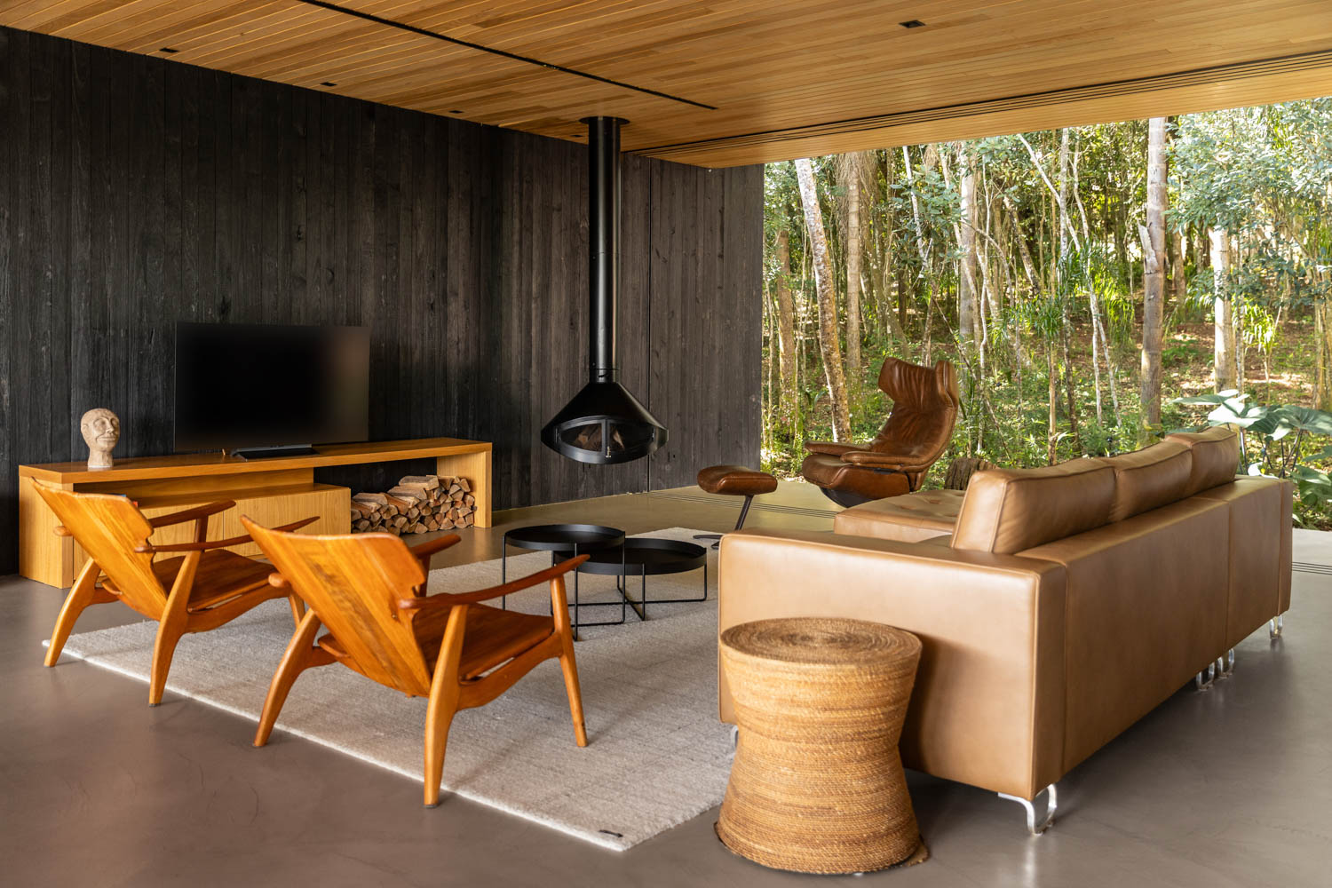 living room with charred wood furnishings