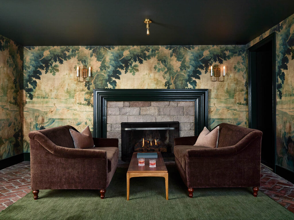 guest lounge with nature tapestry walls