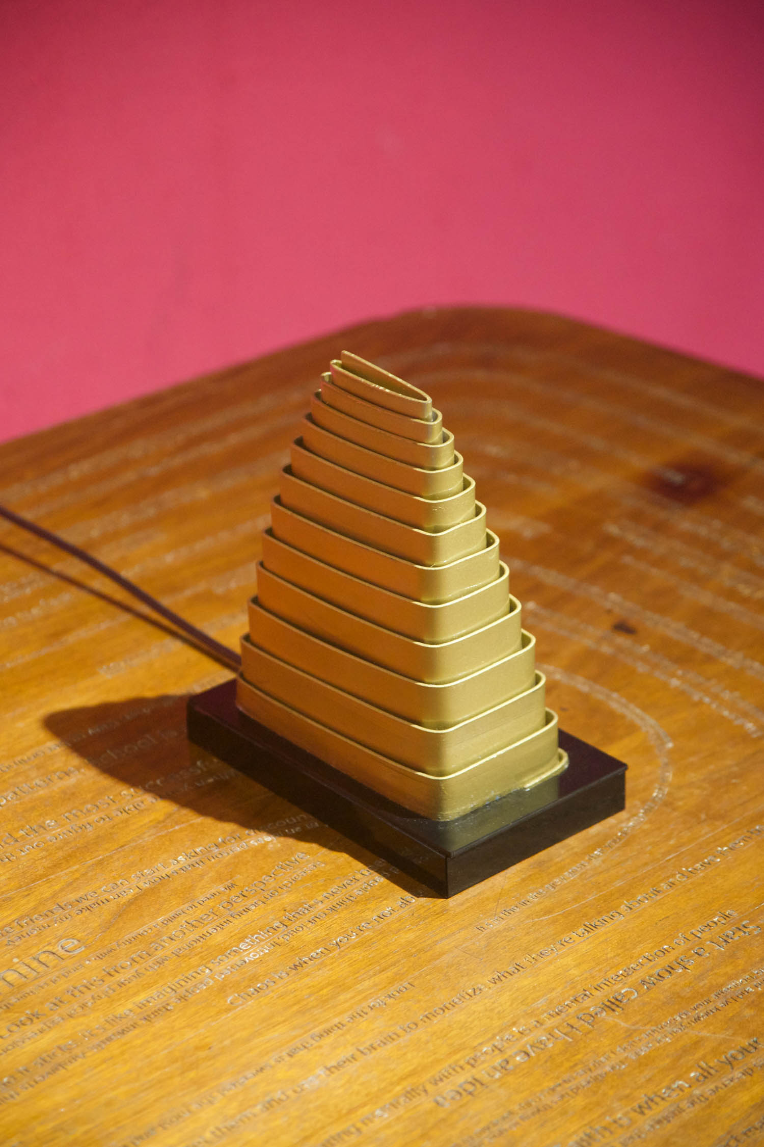 layered structure on a wooden table