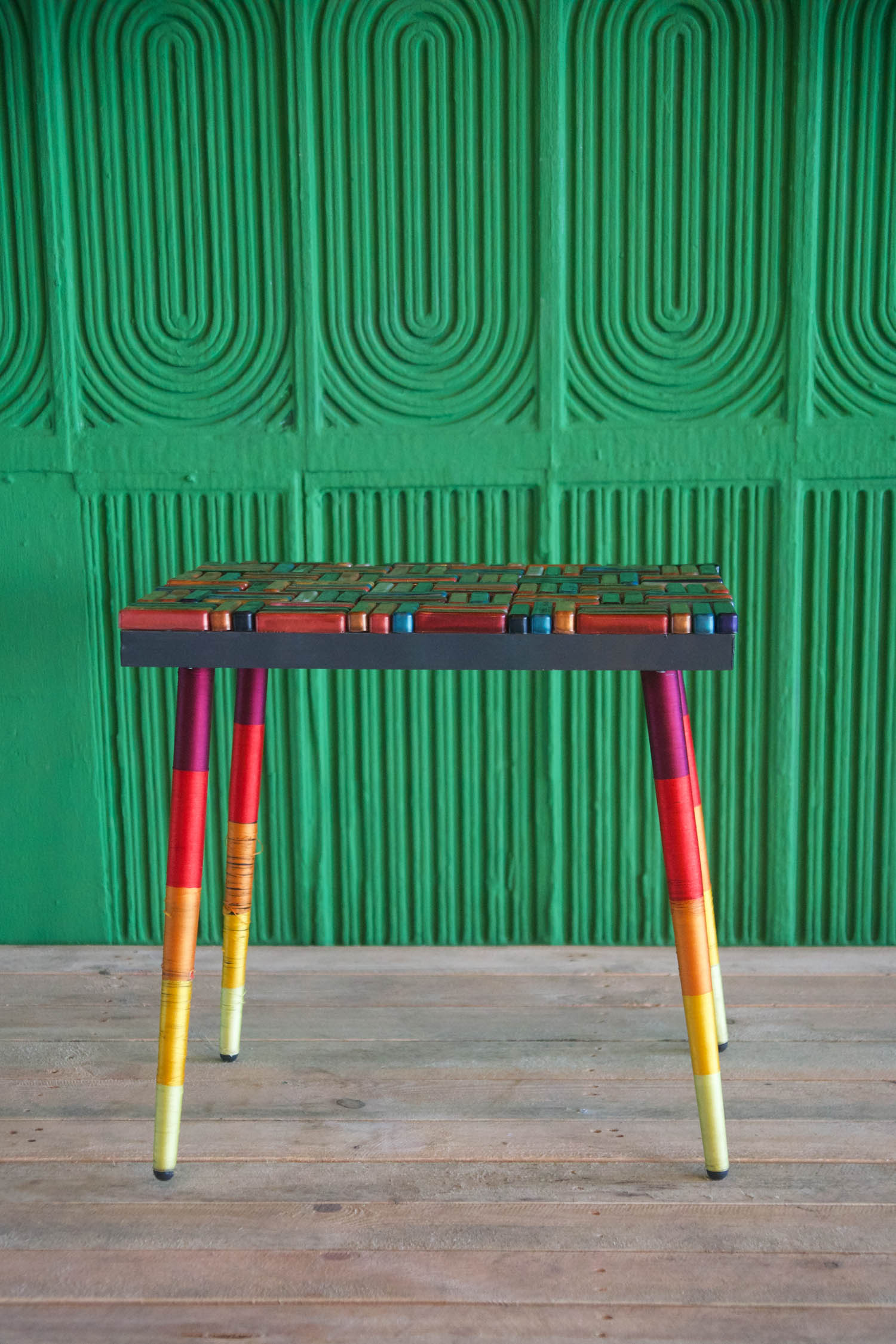 red and orange table in a room