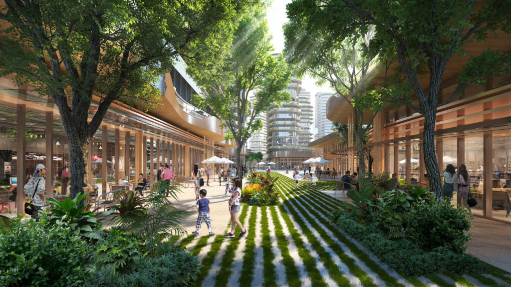 image of people walking through a biophilic center