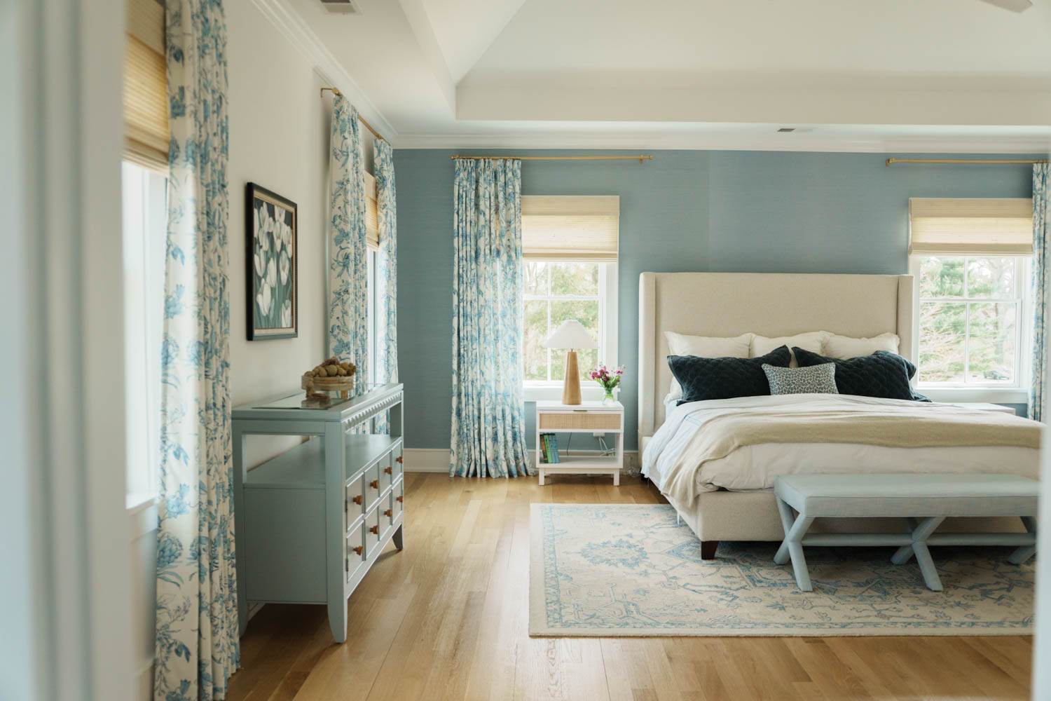 bedroom with light blue walls and drapes
