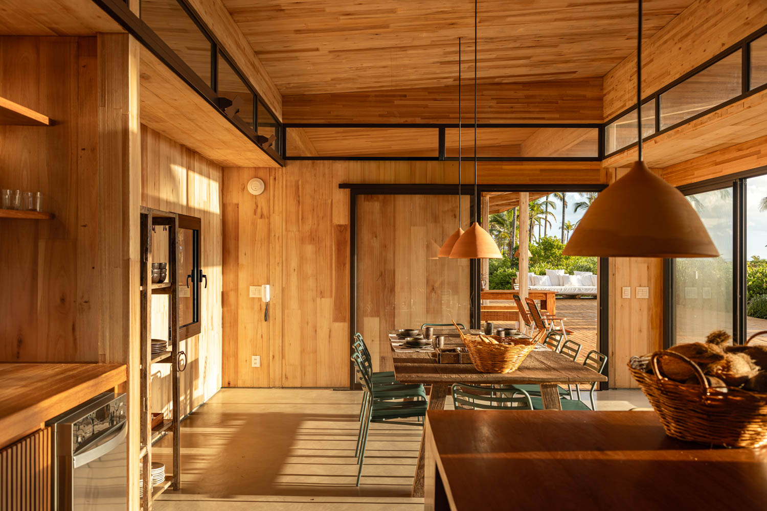 kitchen with ceramic pendants and wood textures