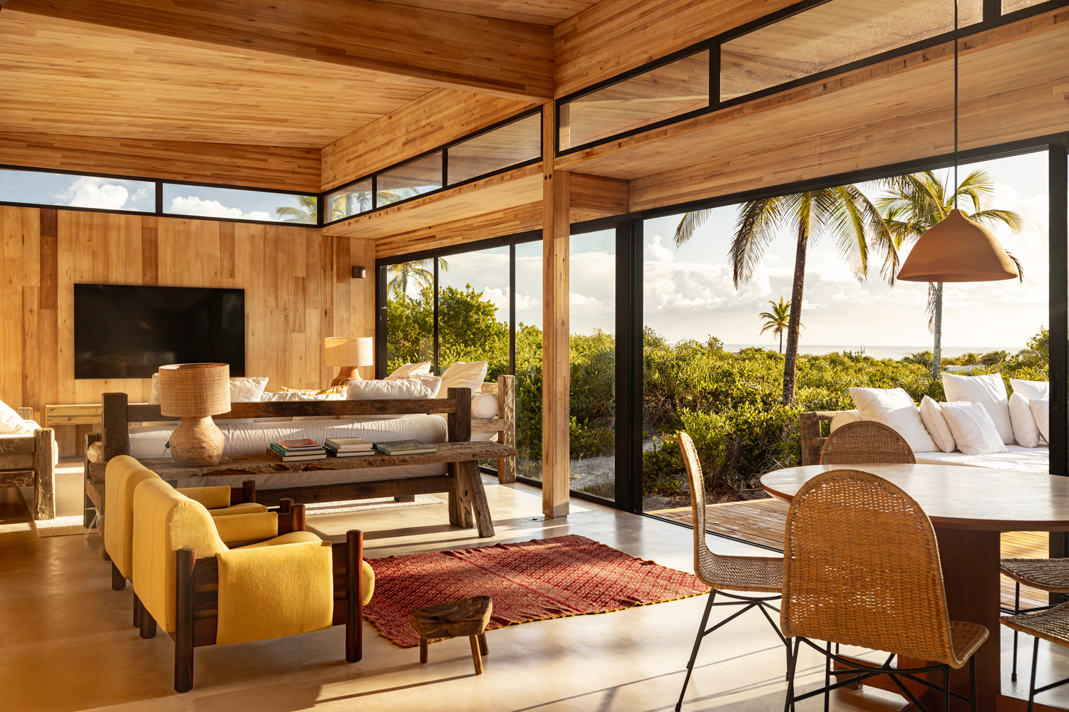 living room with white sofa and view to the outdoors